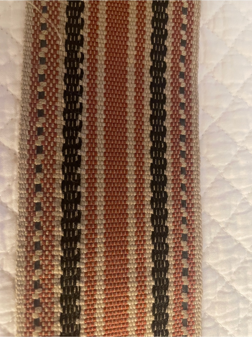 Woven Striped Textile trim in Rust, Black & Cream. 2.75” wide, 100 inches long.